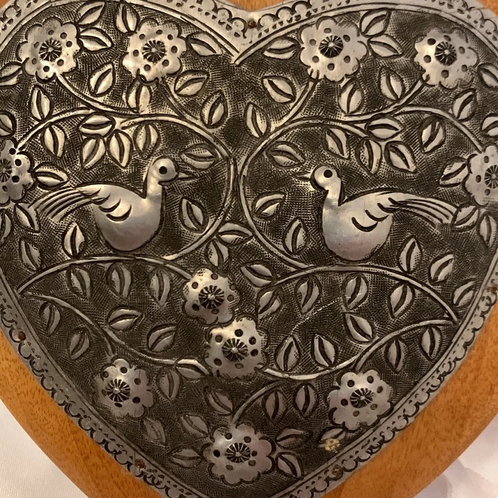 Wooden Vtg Heart Trinket Box Metal Etching Floral with Birds No Hinges Thailand